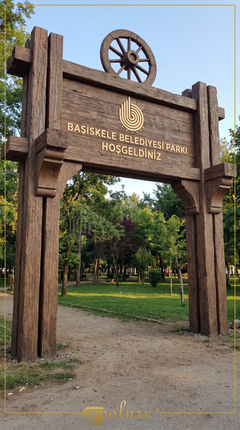 Poliüretan ahşap görünümlü kütük ve kirişlerle tasarlanmış, doğal meşe dokulu rustik park giriş kapısı takı.