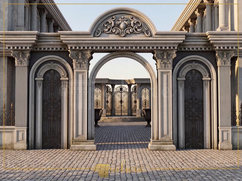 Poliüretan pilaster sütunlar ve desenli kemer söveleri ile tasarlanmış neo klasik dış cephe giriş portalı.