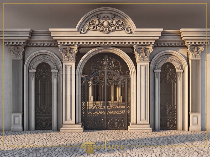 Poliüretan kavis kemer söve, pilaster sütun ve taç profilleri ile tasarlanmış neo klasik dış cephe giriş kapısı.